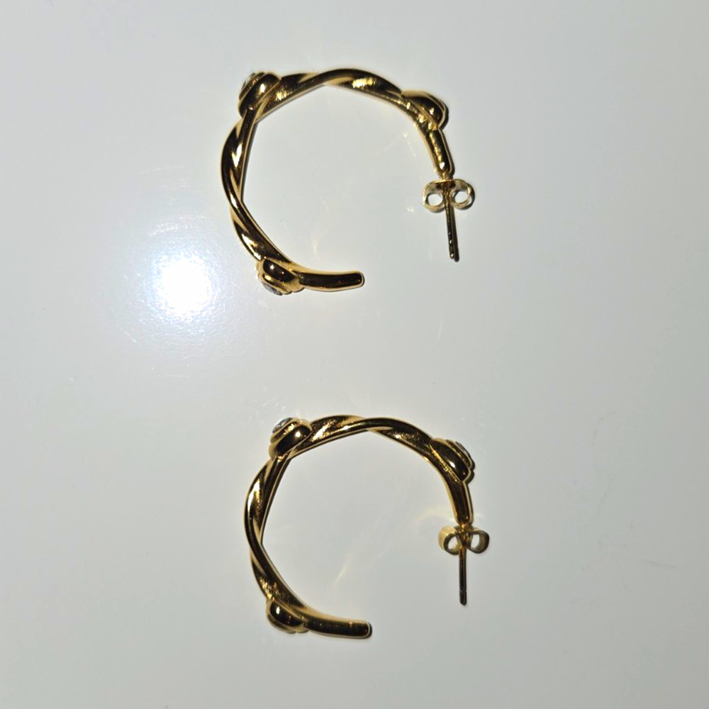 Gold Tone Twisted Hoop Earrings Heart Clear Rhinestone Accents Pierced